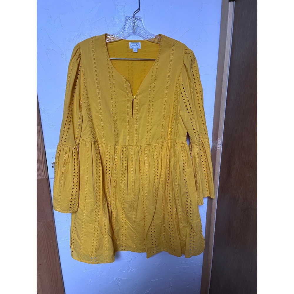 Mud Pie Yellow Eyelet Cotton Babydoll Tunic Dress Long Bell Sleeve Womens Large